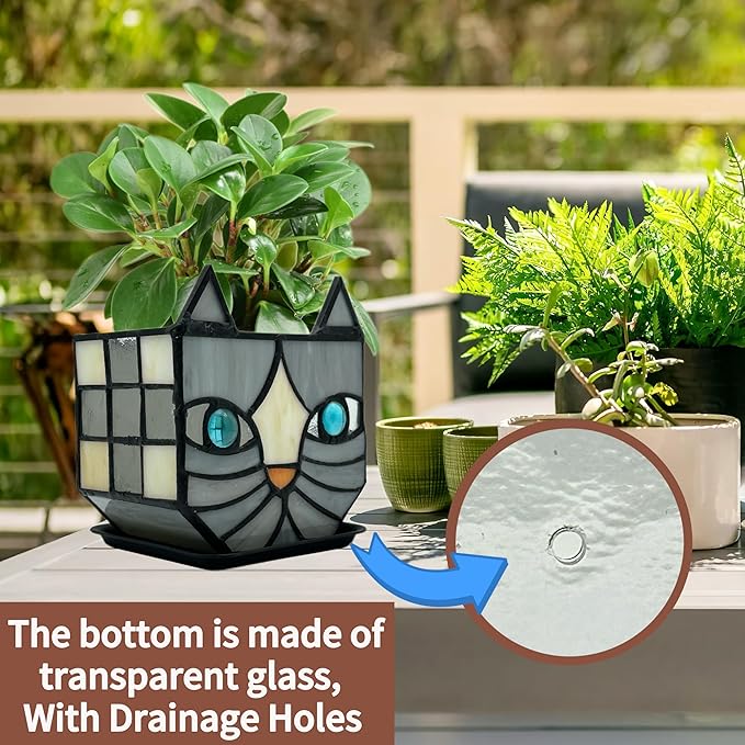 Unique Stained Glass Gray Cat Planter, Plant Pots Indoor,Indoor Flower Pots with Drainage,Window Sill Cat Decoration Gift,4.6x5.15x3IN
