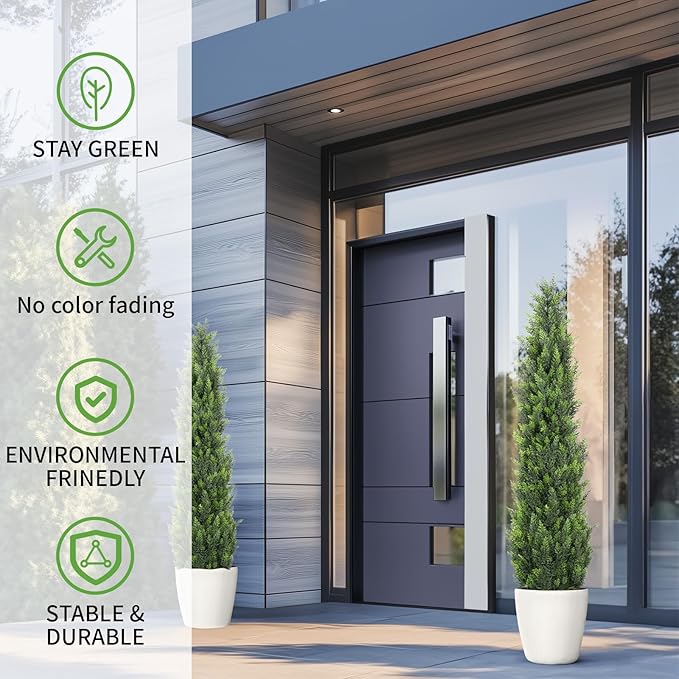 5FT Artificial Cedar Topiary Trees 2 Set, Realistic Fake Cypress Tree Tall Faux Pine Shrubs Plants Artificial Cypress Trees for Home Offices Porch Decor