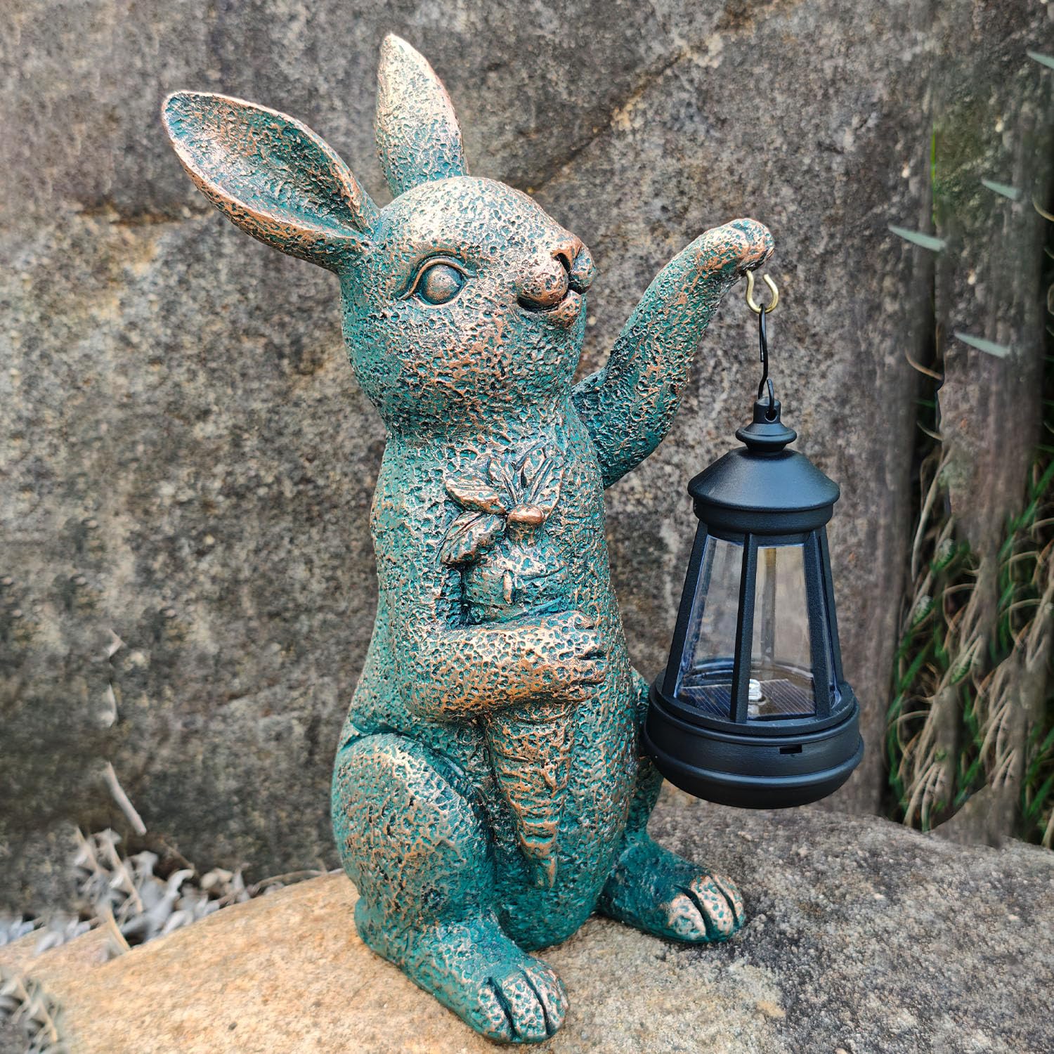 Solar Garden Statues -Rabbit Lantern Outdoor Handmade Resin Statue with LED Light, Cute Carrot Holder for Patio, Yard, Gift Ideas (rabbit2)