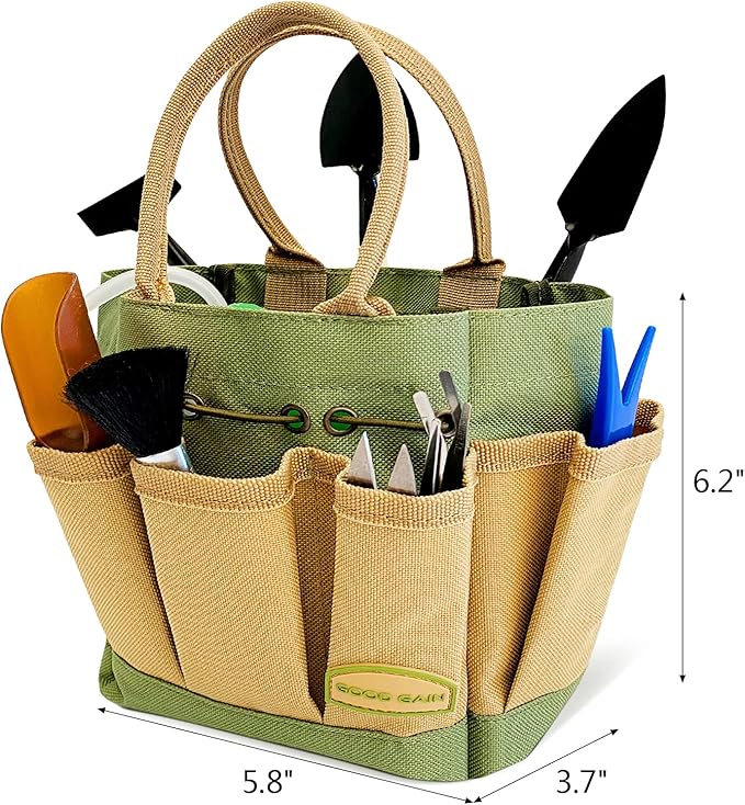 G GOOD GAIN Garden Succulent Kit with Organizer Bag, 15 Pieces Succulent Tools, Indoor Mini Hand Gardening Tools Set with Carrier for Bonsai Planter Miniature Fairy Planting Care(Green)