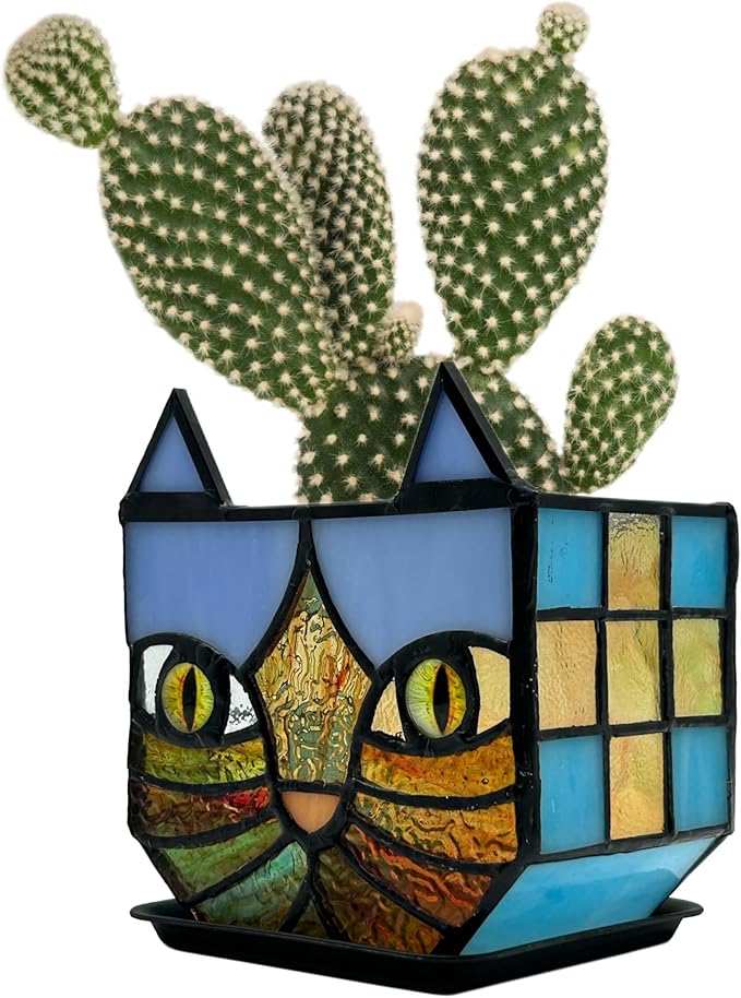 Tiffany Style Stained Glass Cat Flower Pots with Drainage,Funny Blue Cat Planter,Cute Garden Pots,Flower Pots for Indoor Plants,Gifts for Plant Lovers,4.6x3x5.15 in