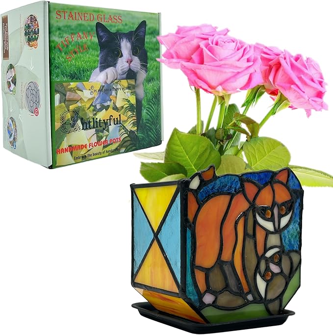 Stained Glass Naughty Cat Planter, Indoor Plant Pots with Drain,Handmade Tiffany Style,Small Candle Holder Decor,Plant Lover Gifts for Women,Gifts for Cat Lovers