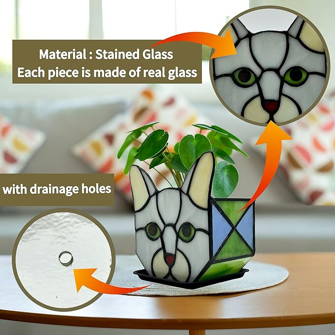Stained Glass Grey Cat Succulent Planter,Grey Cat Flower Pot,Decorative Plant Pots,Cute Planters for Indoor Plants,with Drainage and Tray, Pen Holder Glass Container,Gifts for Plant Lovers
