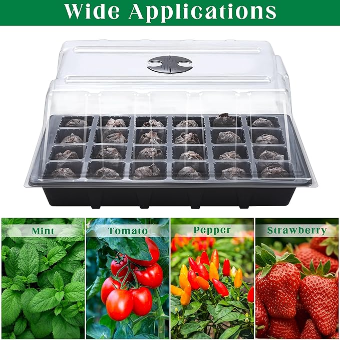 4 Sets Seed Starter Tray Kit Germination Starter Tray with Humidity Dome and Base Include 100 Peat Pellets 100 Plant Labels Garden Tools Plastic Plant Growing Trays for Greenhouse Garden, Black