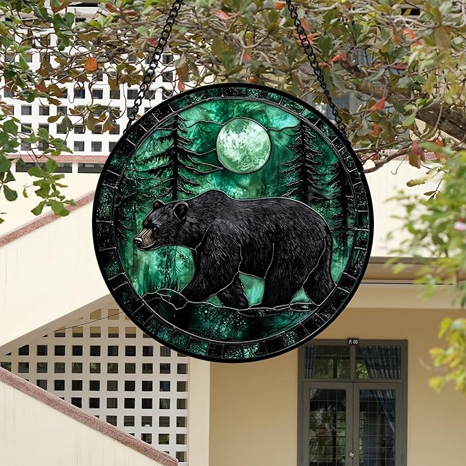 Stained Glass Window Hanging 4 Pcs Set Green Forest Night Sky Wildlife 6.3" - Suncatcher Door Garden Sun Catcher Decor Birthday for Mom Woman Nana Men Friend