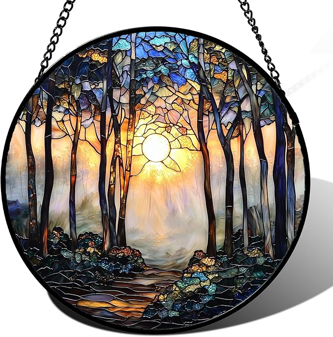Stained Glass Window Hanging, Forest Sunrise Smoke Blue Brown Tree Suncatcher for Doors Window Home Landscape Sun Catchers Decor Mother's Day Birthday Gifts for Women, Men Mom 9.8 in