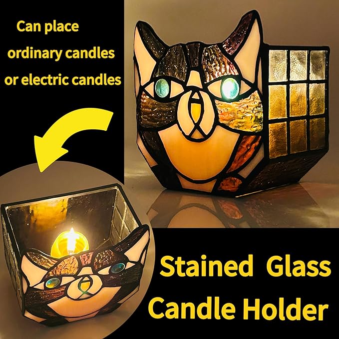 Tiffany Cute Cat Stained Glass Flower Pots,Indoor and Outdoor Plant Displays,Black Cat Plant Planter,Candle Holder Container Decoration 4.6 x 5.15 x 3 inch(Without Succulents)