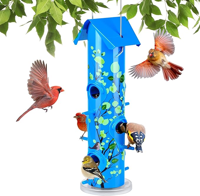 Kingsyard Metal Bird Feeders for Outdoors Hanging, 6-Ports Tube Bird Feeder, 14 inch, Durable & Weatherproof, Large Capacity for Attracting Wild Birds (Blue)