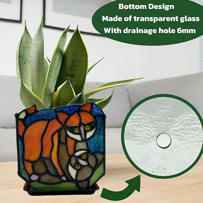 Stained Glass Naughty Cat Planter, Indoor Plant Pots with Drain,Handmade Tiffany Style,Small Candle Holder Decor,Plant Lover Gifts for Women,Gifts for Cat Lovers