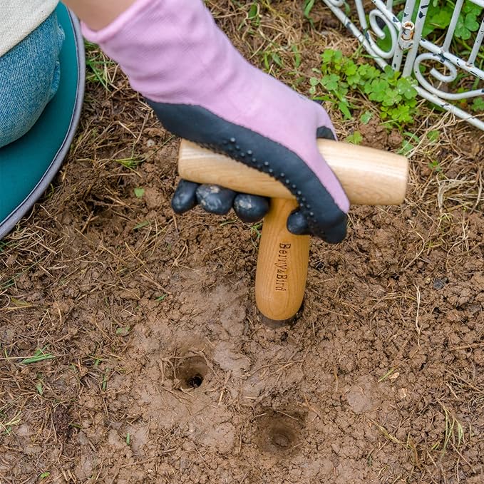 Berry&Bird Hand Dibber, Stainless Steel Sow Dibbler with Wood Handle, Garden Hole Punch Dibbler Tool for Planting Seeds & Bulbs, Hand Held Bulb Planter for Planting Flowers Tulips, Daffodils, Dahlias