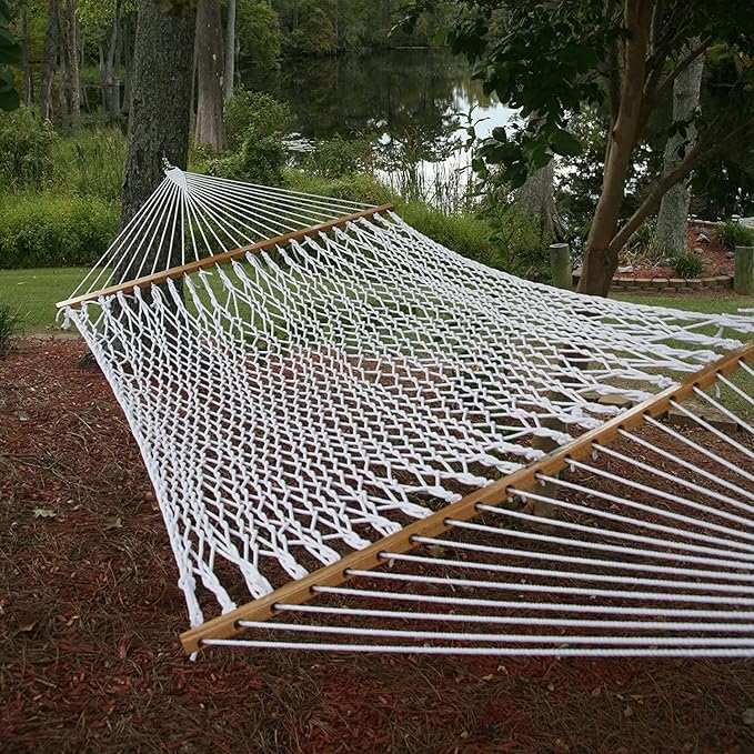 Original Pawleys Island Large White DuraCord Rope Hammock – 13 ft. x 55 in., 2-Person, 450 lb Capacity, Oak Spreader Bar, Zinc-Plated Hardware, Handcrafted in The USA