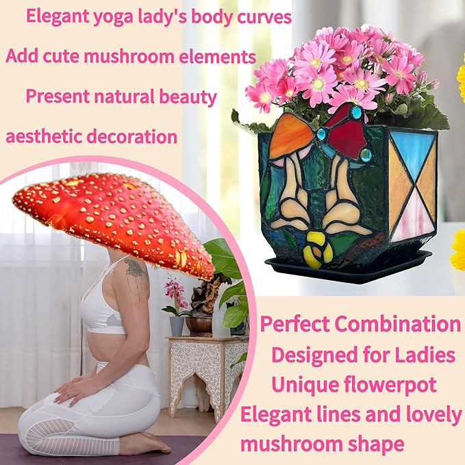 Mushroom Lady Body Plant Pots,Flower Pot with Drainage Hole, Stained Glass Mushroom Lady Yoga Pose Decoration Planter,Unique Cute Face Head Space Decoration Aesthetic 4.6x3x5.15 in