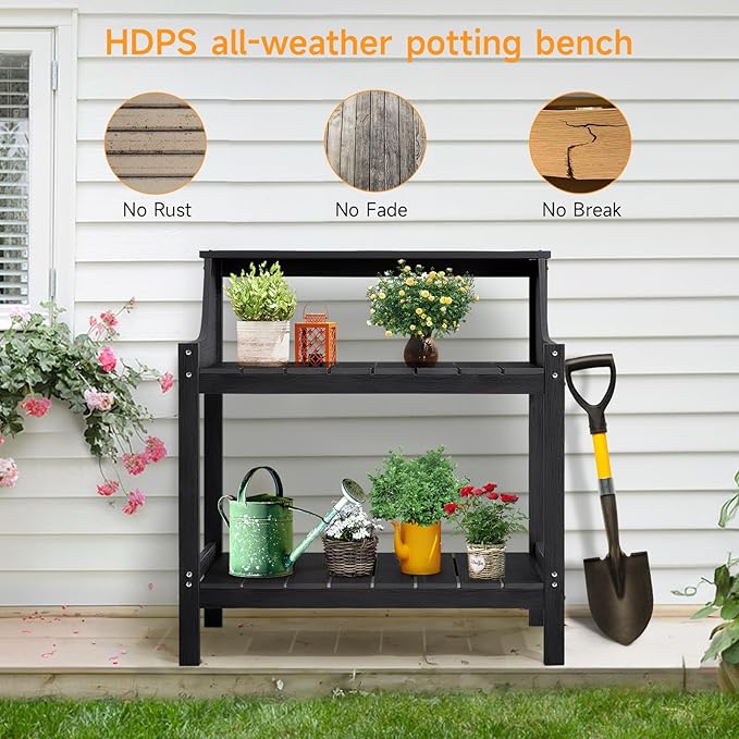ONBRILL Potting Bench, HDPS Potting Bench with 4 Side Hooks, All-Weather Garden Table Work Station, Outdoor Potting Table for Porch, No Rust, No Fade, No Break, 360lbs Capacity (Black, Large)