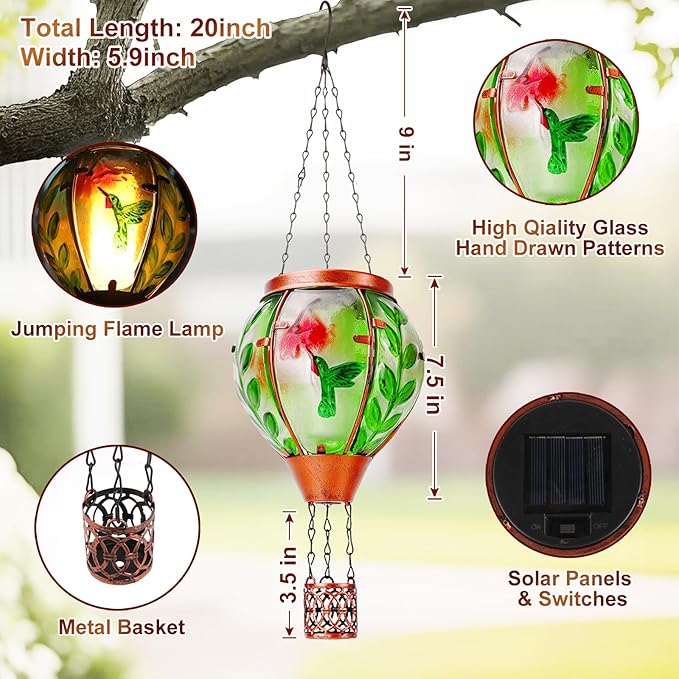 Hummingbird Solar Hot Air Balloon Lantern,Outdoor Decor with Flame Lights Waterproof, Hanging Lights for Garden Yard Lawn Patio, Unique Gifts for Women Mom Grandma Gardener for Mother'Day
