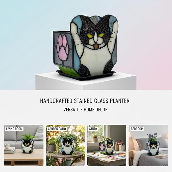 Stained Glass Black Cat Planter, Succulent Pot with Drainage, Indoor Plant Container, Decorative Pencil Holder, Teacher Gift
