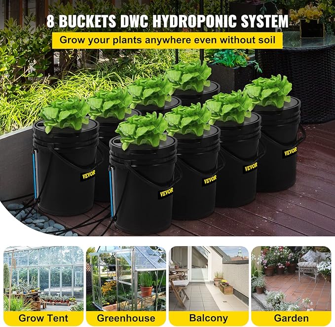 VEVOR DWC Hydroponic System, 5 Gallon 8 Buckets, Deep Water Culture Growing Bucket, Hydroponics Grow Kit with Pump, Air Stone and Water Level Device, for Indoor/Outdoor Leafy Vegetables