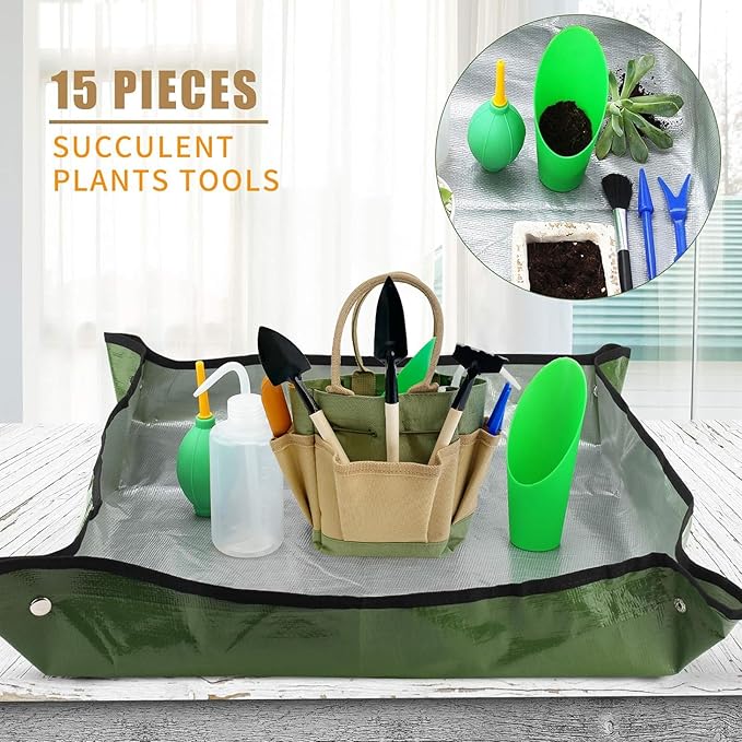 G GOOD GAIN Garden Succulent Kit with Organizer Bag, 15 Pieces Succulent Tools, Indoor Mini Hand Gardening Tools Set with Carrier for Bonsai Planter Miniature Fairy Planting Care(Green)