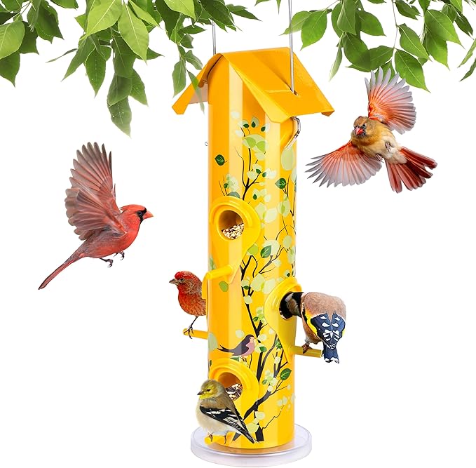 Kingsyard Metal Bird Feeders for Outdoors Hanging, 6-Ports Tube Bird Feeder, 14 inch, Durable & Weatherproof, Large Capacity for Attracting Wild Birds (Yellow)