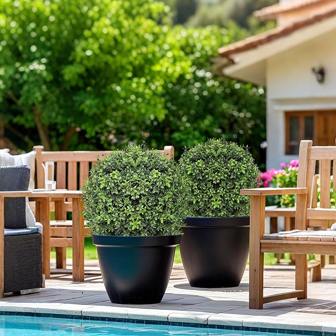 26 Inch Artificial Boxwood Ball Tree Outdoor – Set of 2 UV Resistant Faux Boxwood Topiary Trees, Fake Potted Shrubs Evergreen for Front Door Porch Patio Balcony Home Decoration