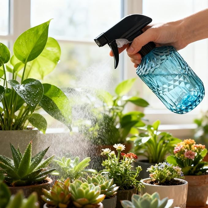 Glass Plant Mister Bottle, 15oz Refillable Water Bottle Spray, Handheld Water Spray Bottle with Reusable Adjustable Mist Nozzle for Indoor Flowers, Outdoor Gardening, Cleaning, Hair & Pets Care (Blue)