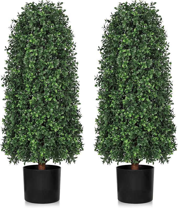 3 FT Artificial Boxwood Trees Outdoors, 36 inch Faux Boxwood Topiary, Set of 2 UV Resistant Bushes & Fake Evergreen Shrubs for Patio Yard Porch Fence Outside Decor