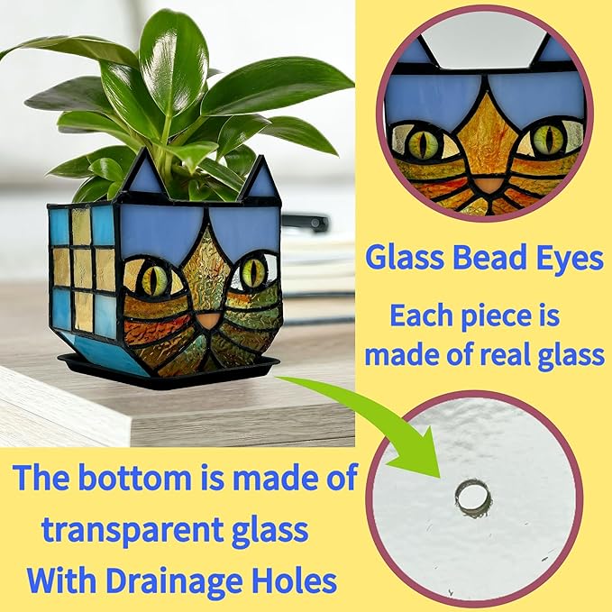 Tiffany Style Stained Glass Cat Flower Pots with Drainage,Funny Blue Cat Planter,Cute Garden Pots,Flower Pots for Indoor Plants,Gifts for Plant Lovers,4.6x3x5.15 in