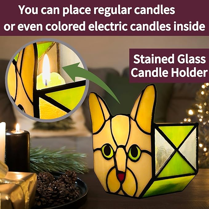 Stained Glass Grey Cat Succulent Planter,Grey Cat Flower Pot,Decorative Plant Pots,Cute Planters for Indoor Plants,with Drainage and Tray, Pen Holder Glass Container,Gifts for Plant Lovers