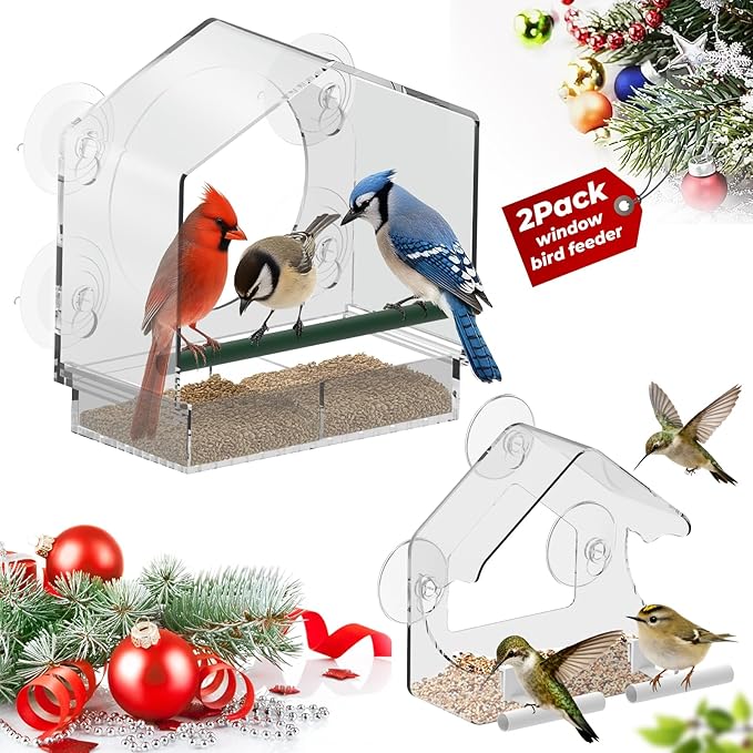 Window Bird Feeder with Strong Suction Cups - 2Pack Clear Sturdy Acrylic Birdfeeder for Outside Windows, 360° Clear View - No Drill Easy Install, Perfect for Cardinals & Finches,etc(2025 New)