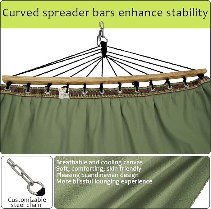 Tranquillo Double Hammock 2 Persons Cotton Canvas 600 lbs Portable Camping Hammock with Solid Curved Wood Spreader Bar Hammock for Camping Travel Indoor Patio Garden, Sage