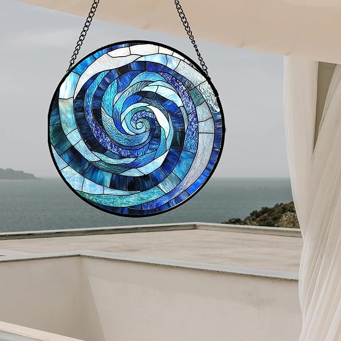 Stained Glass Window Hanging - Blue Abstract Swirl Suncatcher for Doors Garden Patio Unique Sun Catchers Decor Christmas Mother's Day Birthday Gifts for Women Men Mom Nana Friend 15 in