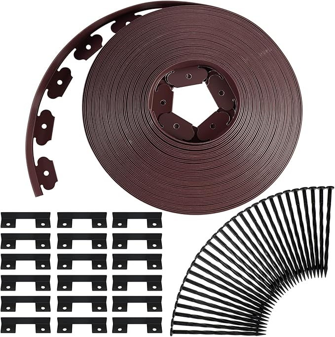 Queekay Landscape Edging Kit 148 ft with 70 Spikes 20 Connectors Plastic Border for Garden, Lawn, Yard, Pathway(Brown,2 Inch)