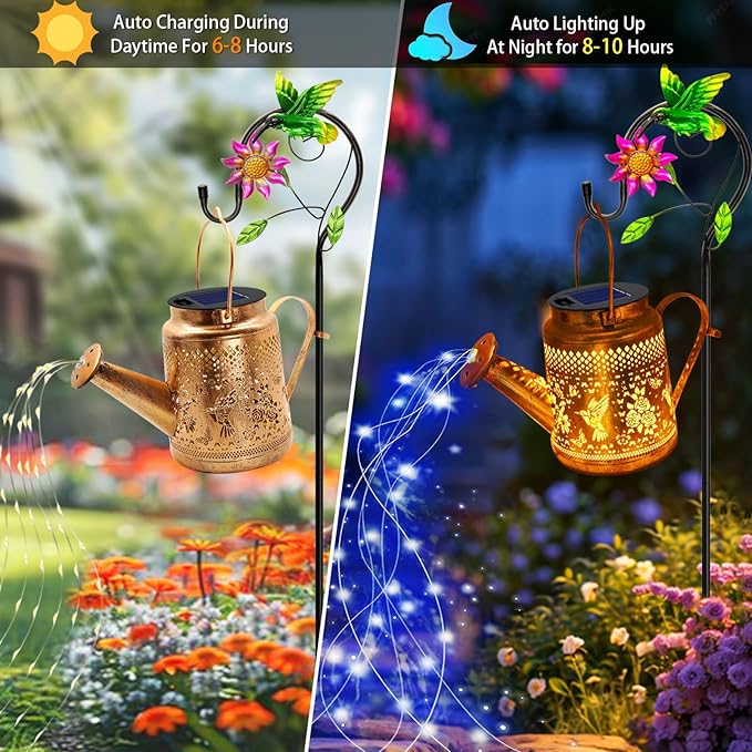 Solar Lanterns Outdoor Waterproof, Hummingbird Watering Can Garden Decor, Hanging Solar Path Lights Yard Art, Outside Patio Decoration Gardening Birthday Gifts for Mom Grandma Women with Shepherd Hook