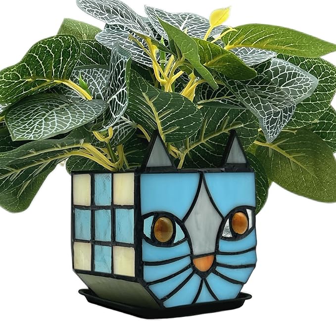 Stained Glass Blue Cat Planter,Plant pots with Drainage Holes, Plant Flower Pot for Houseplants and Succulents,Cute Blue Cat Plant Lover Gift 4.6x3x5.15 in