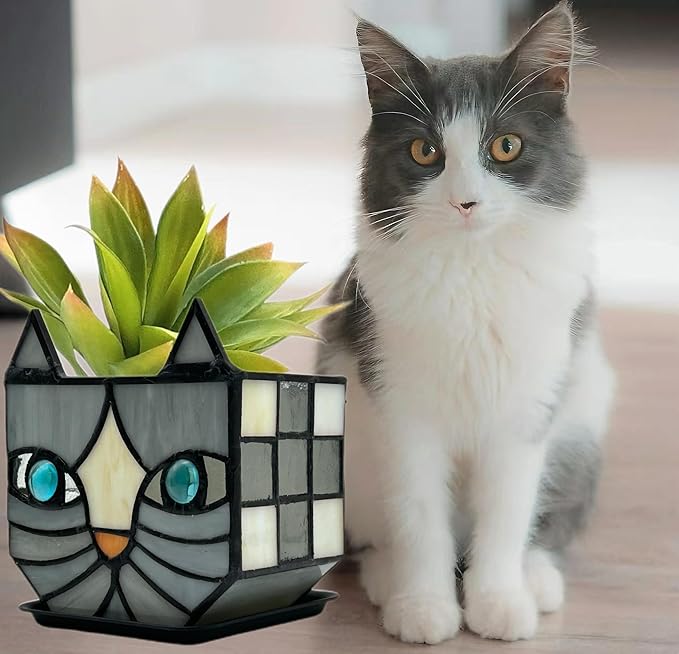 Unique Stained Glass Gray Cat Planter, Plant Pots Indoor,Indoor Flower Pots with Drainage,Window Sill Cat Decoration Gift,4.6x5.15x3IN