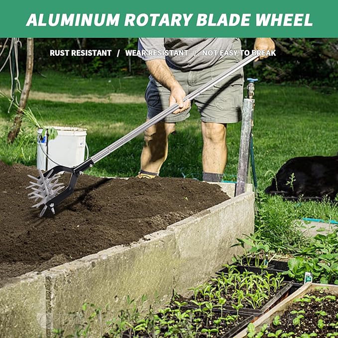 Rotary Garden Tool, Adjustable Hand Tiller, Long Handle Cultivator for Aerating, Weeding, Planting and Mixing Soil or Reseeding Grass