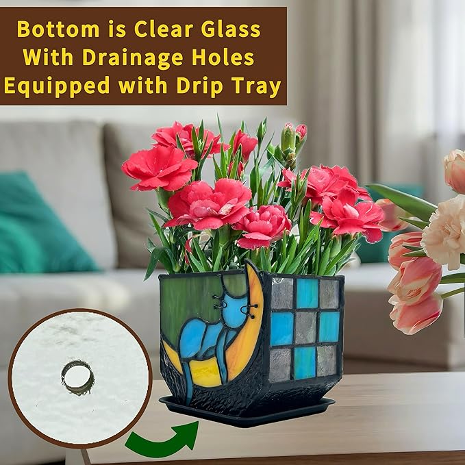 Tiffany Stained Glass Unique Moon Sleeping Blue Cat Planter,Indoor Plant Pots with Drainage,Cute Cat Planter Pots,Decorative Plant Pots, Dried Flowers Pot,Cute Gardening Gifts