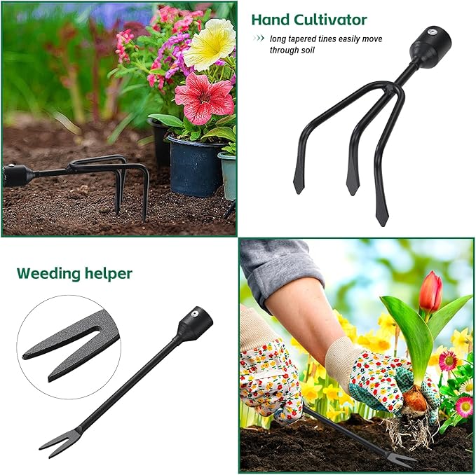 Garden Tools Set with Extension Handles, 5 Piece Thick Gardening Hand Tools, Heavy Duty Steel Rust-Proof Weeding Planting Tool Ideal Gardening Kit Gifts for Women and Men