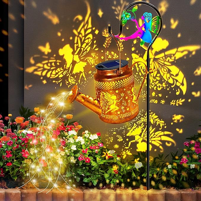 Fariy Solar Lights Outdoor Waterproof, Solar Watering Can Lights with Shepherd Hook, Metal Angel Hanging Lantern Garden Decor Yard Outside Patio Lawn, Gifts for Mom Grandma Women Birthday