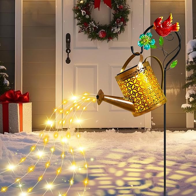 Solar Lanterns Cardinal Granden Decor, Watering Can with Cardinal Shepherd Hook and Cascading Lights, Outdoor Solar Lantern for Garden Yard Decor, Gifts for Women Mom Grandma Birthday, Mothers Day