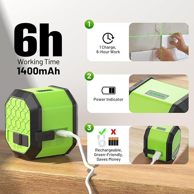 Laser Level with 42 Inch Tripod, Huepar 100Ft Self Leveling Laser Level Rechargeable Green Cross Line Lazer Leveler Tool for Picture Hanging, Tile, Home Renovation, Carrying Bag Included