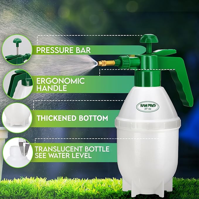 Garden Pump Sprayer, Handheld Bottle Mist Water Sprayer, Hand Pressure Home Cleaning Plant Lawn Sprayer w/ Safety Valve & Adjustable Bronze Nozzle, 1 Liter/1 QT/.26 Gallon/34 Ounces/1000 ml –By Rampro