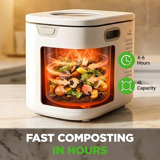 NutriChef 4 Quart Electric Kitchen Composter | Smart Countertop Composter Includes 2 Odorless Carbon Filters | Electric Compost Bin for Indoor Use | 3 Volume Based Modes Small, Medium & Large | White