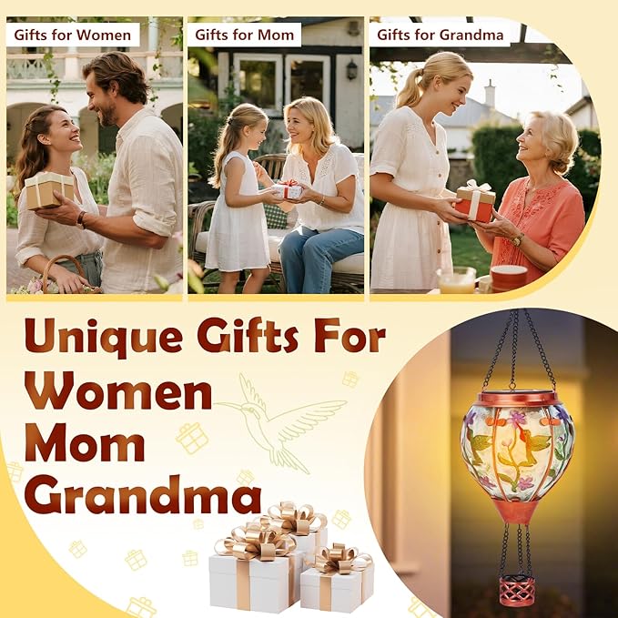 Hummingbird Solar Hot Air Balloon Lantern,Outdoor Decor with Flame Lights Waterproof, Hanging for Garden Yard Patio, Unique Gifts for Women Mom Grandma for Christmas