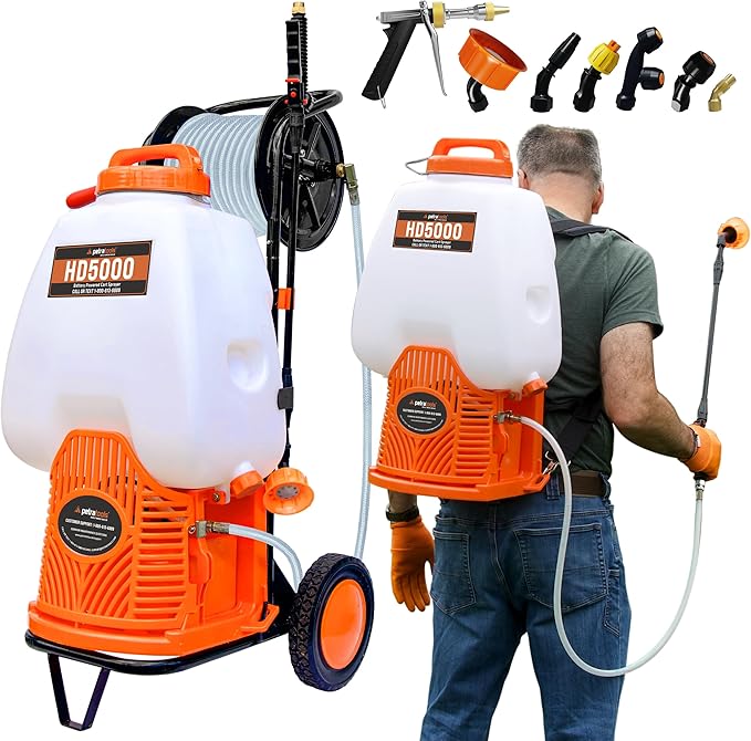 PetraTools Battery Backpack Sprayer with Custom Fitted Cart and 100 Foot Commercial Hose, 2 Hoses Included, Commercial Quality Heavy Duty Sprayer (HD5000 6.5-Gallon with Reel Cart)