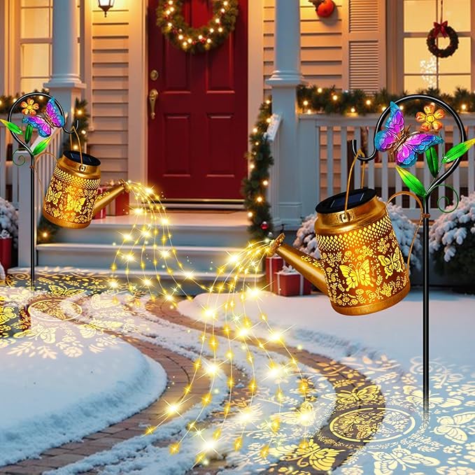 Solar Watering Can Lights,2 Pack Butterfly Lanterns with Butterfly Shepherd Hook,Waterproof Solar Garden Lights for Landscape Pathway Yard Backyard,Garden Decor Gifts for Mom Grandma Women