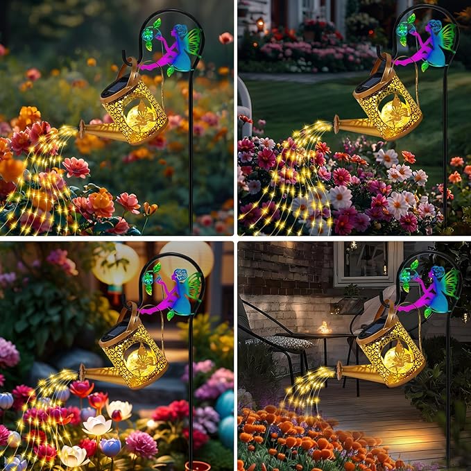 Solar Lights Garden Decorative, Solar Watering Can with Cascading Lights, Waterproof Metal Lantern with Fairy Shepherd Hook, Outdoor Decor for Yard, Patio, Gifts for Mother's Day, Women