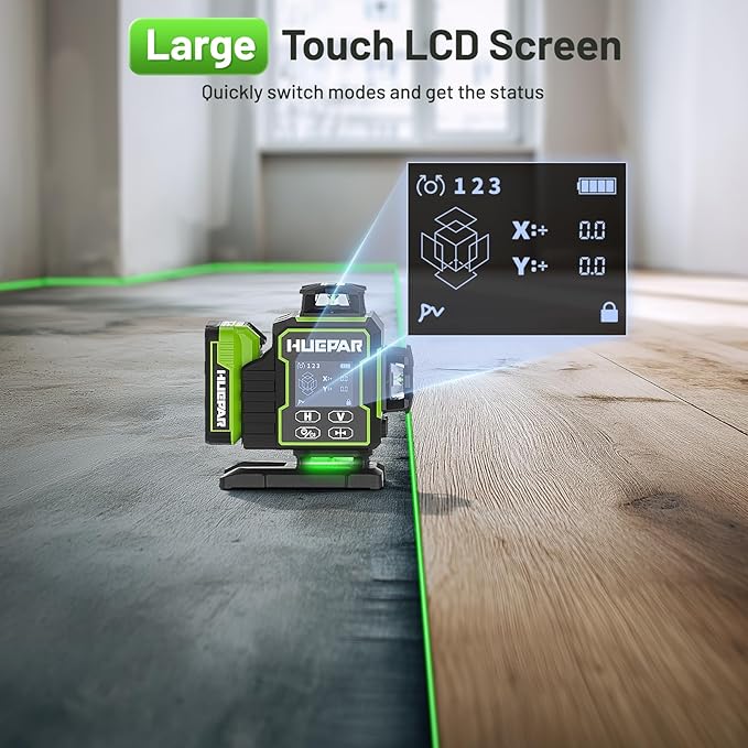Huepar Laser Level 360 Self Leveling, W04CG Upgraded 4x360° Bluetooth Construction Lazer Leveler Tool with Electric Rotating Base ＆ Large LCD Screen, 4D 16 Lines Green Cross Laser Level