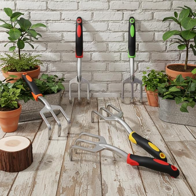 12 Pcs Hand Rake Garden Tool Mini Heavy Duty Garden Cultivator 11 Inch Small Rake Gardening Aluminum Alloy Hand Tiller with Handle for Digging Weeding Loose Soil (Red,Orange,Yellow,Green)