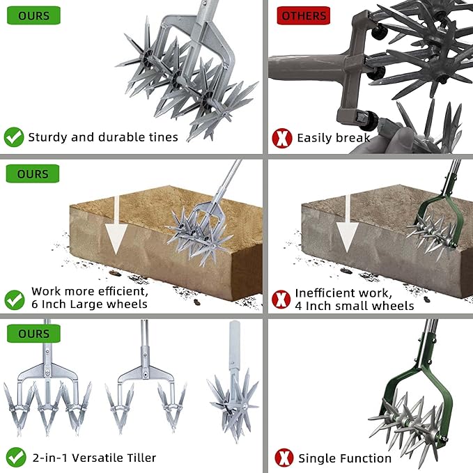 Rotary Cultivator, Adjustable Hand Tiller Garden Tool with Detachable Solid Metal Tines for Loosing and Mixing Soil,2-in-1 Manual Tiller Garden Cultivator for Reseeding Grass 58 Inch