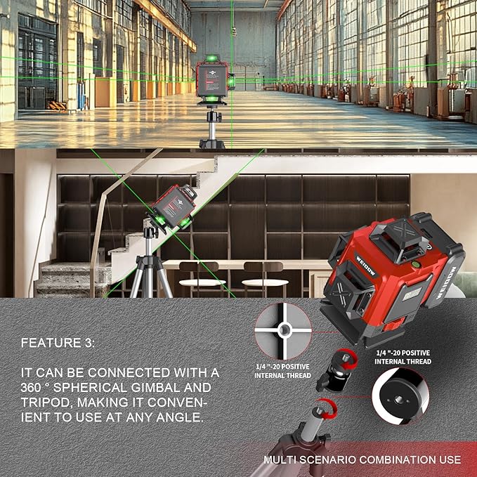 Laser Level 360 Self Leveling with Tripod,WEIDDW 4D Lazer Level,4x360° Cross Line Laser for Construction Project Renovation,Floor Tile, Laser Level Lines Tool,Durable Case